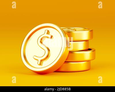 Stack of golden dollar coins on bright yellow background Stock Photo