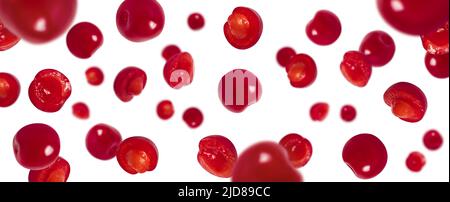 Falling cherries. Red ripe flying cherry isolated on a white background. Berry pattern for packaging design. Banner. Stock Photo