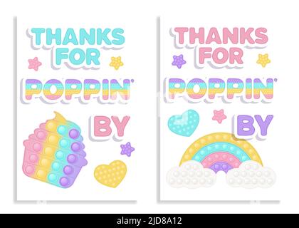 Set of two Birthday favor tags popi it fidget toy vector design with illustrations and text. Happy Birthday gift printable cards or labels in pastel p Stock Vector