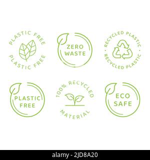 Eco safe, zero waste and recycled material. Vector label set, plastic free, eco friendly with leaf cycle. Stock Vector