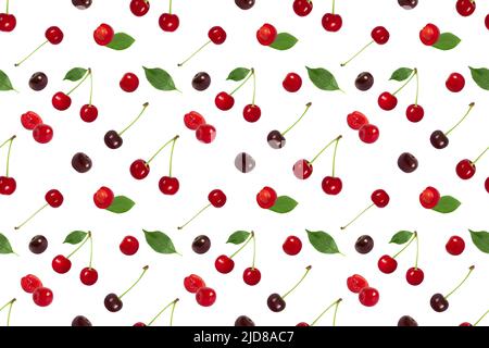 Seamless pattern with cherry on a white background. Juicy ripe berries seamless texture. Cherries abstract background. Top view, flat lay. Stock Photo
