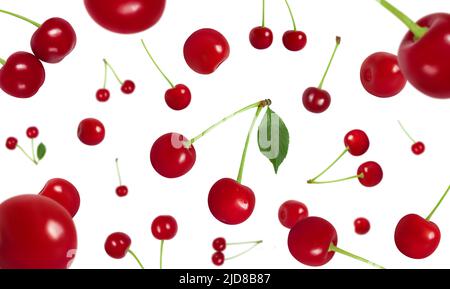 Flying cherry isolated on a white background. Falling red cherry berries. Berry fly pattern. Design for packaging. Stock Photo