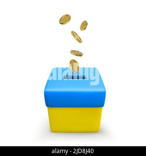 Fundraising for victims of the war in Ukraine. Falling gold coins into donation box colour in national Ukrainian flag. Vector illustration Stock Vector