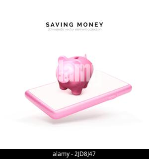 3D realistic piggy bank with mobile phone. Piggy bank concept of money deposit and investment for financial app or service. Saving money business temp Stock Vector