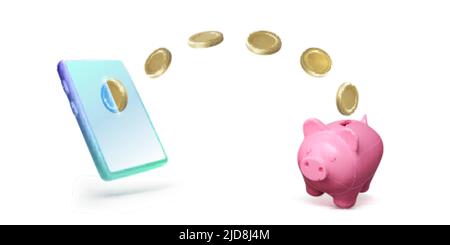 Mobile phone with flying gold coin and piggy bank. Saving money business template. Piggy bank concept of money deposit and investment for financial ap Stock Vector