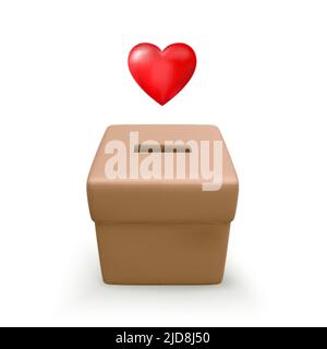 3D heart and cartoon donation box. Donation and charity concept. Vector illustration Stock Vector