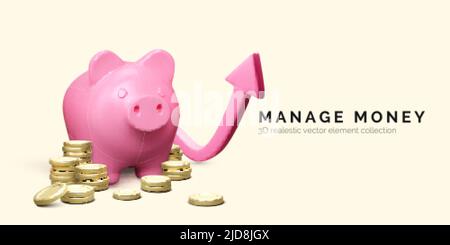 Piggy bank with stack of gold coins and growth up arrow. Money management. 3D realistic pig and money stack. Finance investment and business concept. Stock Vector