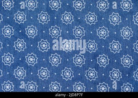 Thin blue jeans fabric with white print Stock Photo