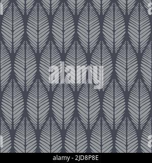 Seamless vector pattern with leaf texture on dark grey background. Simple modern forest braid wallpaper design. Decorative floral fashion textile. Stock Vector