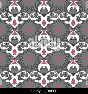 Seamless vector pattern wallpaper design. Victorian royal background with grey and pink design. Stock Vector