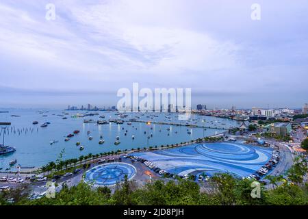 Speedboat parking with beautiful cityscape scenic at Pattaya bay in Thailand Stock Photo