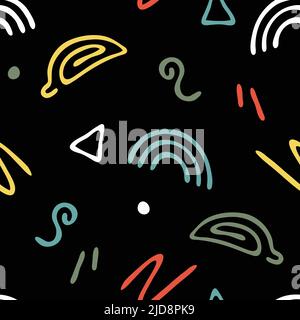 Seamless vector pattern with colourful doodles on black background. Simple hand drawn sketch wallpaper design. Decorative cool retro fashion textile. Stock Vector