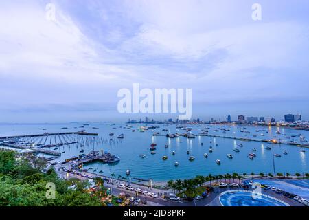 Speedboat parking with beautiful cityscape scenic at Pattaya bay in Thailand Stock Photo