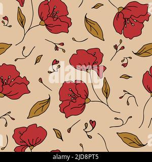 Seamless vector pattern with red flowers on pink background. Romantic floral wallpaper design. Gentle bloom fashion textile. Stock Vector