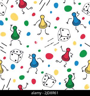 Seamless vector pattern with board game dice on white background. Cartoon game night wallpaper design for children. Stock Vector