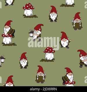 Seamless vector pattern with garden gnomes on green background. Simple hand drawn elf wallpaper design. Decorative fashion textile. Stock Vector