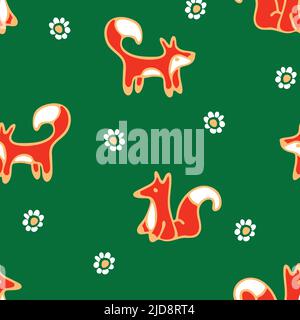 Seamless vector pattern with fox on green background. Cute hand drown animal wallpaper design. Happy fashion textile for children. Stock Vector