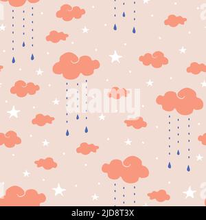 Seamless vector pattern with pink clouds and stars. Children, nursery background. Kids bedroom wallpaper design. Cartoon style raindrops crystals. Stock Vector