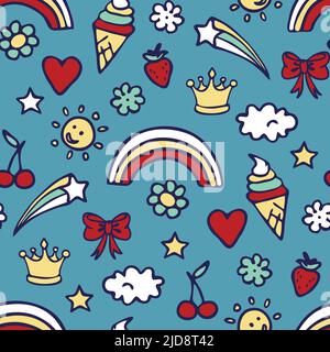 Seamless vector pattern with summer stickers on blue background. Simple children party wallpaper design. Decorative rainbow badge fashion textile. Stock Vector