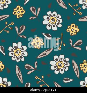 Seamless vector pattern with romantic flowers on teal green background. Vintage floral wallpaper design. Decorative boho fashion textile. Stock Vector