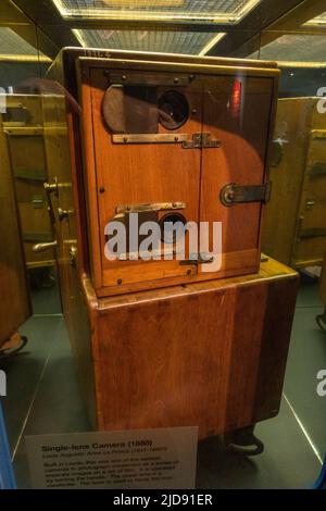 The single-lens camera (1888) by Louis Augustin Aime Le Prince (designed to photograph movement) on display in a media museum. Stock Photo