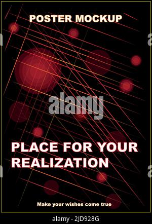 This mockup poster you can use for any decoration and advertising design. On a black background, threads of red, orange and yellow hues intersect, tra Stock Vector