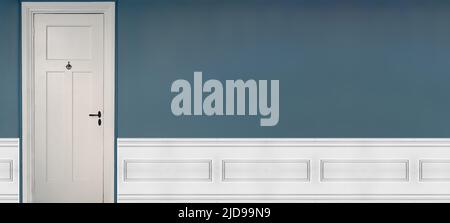 White paneled door closed on blue wall with wooden panels background, copy space. Retro interior architecture design Stock Photo