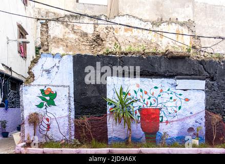 Street art, wall primitive mural depicting flowers on weathered buildings. Graphic art on walls in Ancienne Medina, Casablanca, Morocco Stock Photo