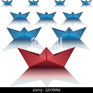 Origami red paper boat floating in front of blue paper boats on white background Stock Vector