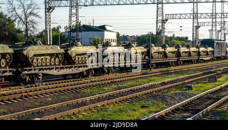Russian tanks T 90 transported on a railroad, Russia Stock Photo