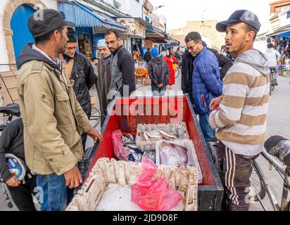 Sellers selling freshly caught batoids seafood in the street popular with tourists and locals in Medina of Essaouira, Morocco. Stock Photo