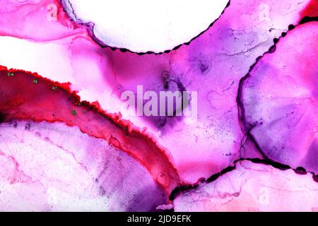 Beautiful abstract art background created with alcohol inks. Vibrant shades of pink, purple on white, with gold glitter dots. Space for text. Stock Photo