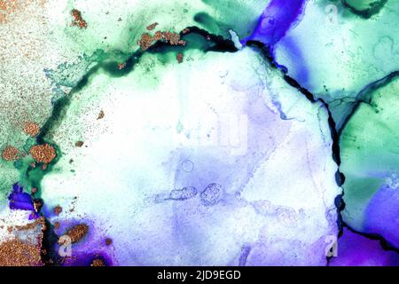 Beautiful abstract art background created with alcohol inks. Vibrant shades of green and blue white, with rose gold glitter.  Space for text. Stock Photo