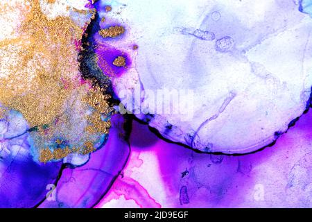 Beautiful abstract art background created with alcohol inks. Vibrant shades of pink, purple and blue with rose gold. Space for text. Stock Photo