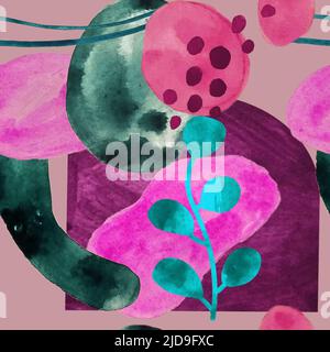 Watercolor seamless pattern of multicolored geometric shapes. Stock Photo
