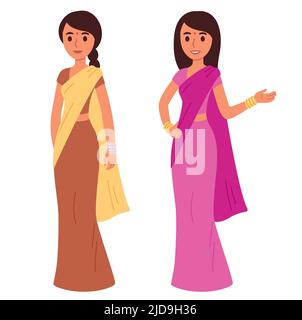 Young Indian woman in traditional saree. Cute cartoon vector illustration. Two poses and color options. Stock Vector