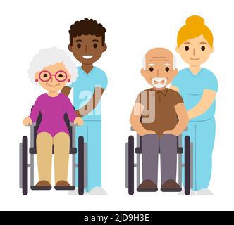 Cute cartoon senior people in wheelchair. Elderly man and woman nurse assistance. Nursing home or hospital care. Vector clip art illustration. Stock Vector
