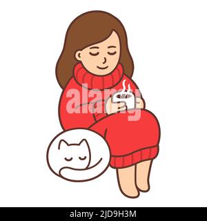 Cute cartoon girl in oversized red sweater holding cup of hot tea, with sleeping cat. Cozy scene illustration, simple vector drawing. Stock Vector