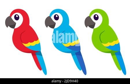 Cute cartoon macaw parrots drawing. Red, blue and green tropical birds. Simple flat vector icon illustration set. Stock Vector