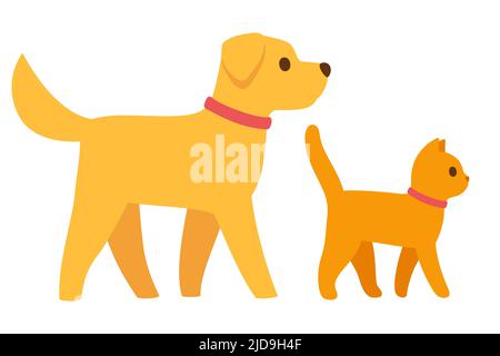 Cartoon cat and dog walking together, simple cartoon flat icon. Golden labrador and ginger kitty. Cute vector clip art illustration. Stock Vector