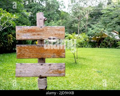 Three empty old wood plank signs on the wooden pole near the green grass garden with copy space. Collection of various wooden sign on the yard. Stock Photo
