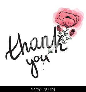 Hand drawn Thank you postcard. Greeting card. Ink illustration on watercolor background. Lettering with flowers Stock Vector