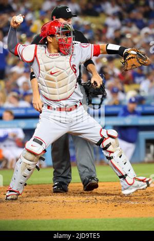 Los Angeles Angels catcher Kurt Suzuki (24) throws to second base during a MLB Baseball game against the Los Angeles Dodgers, Wednesday, June. 15, 2022, in Los Angeles. The Dodgers defeated the Angels 4-1. (Kevin Terrell/Image of Sport) Stock Photo