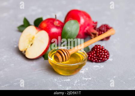 Flat lay composition with symbols jewish Rosh Hashanah holiday attributes on colored background, Rosh hashanah concept. New Year holiday Traditional. Stock Photo