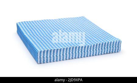 Stack of checkered blue paper table napkins isolated on white. Side view. Stock Photo