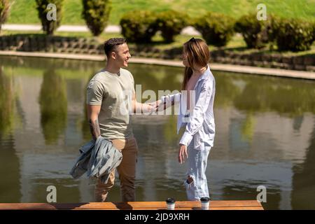 Full size photo of cheerful excited crazy funky funny couple fooling around enjoying summer time Stock Photo