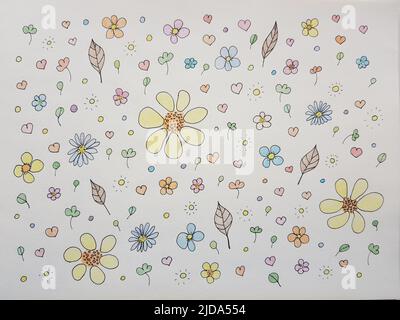 Simple floral pattern with lovely flowers and leaves. Watercolor seamless print on white paper background. Stock Photo