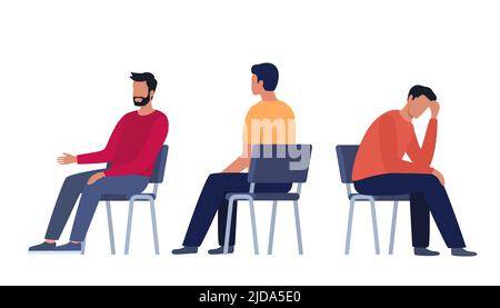 Men are sitting on chairs. Men sit in different poses on chairs turned from different sides. Vector set Stock Vector