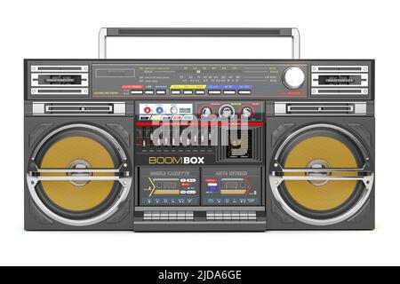 Retro boombox ghetto blaster , radio and audio tape recorder isolated on white. 3d illustration Stock Photo