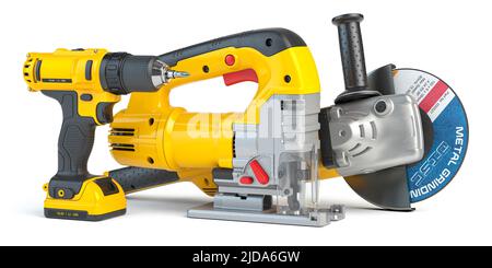 Electric hand construction tools isolated on white. Drill, jigsaw and angle grinder. 3d illustration Stock Photo